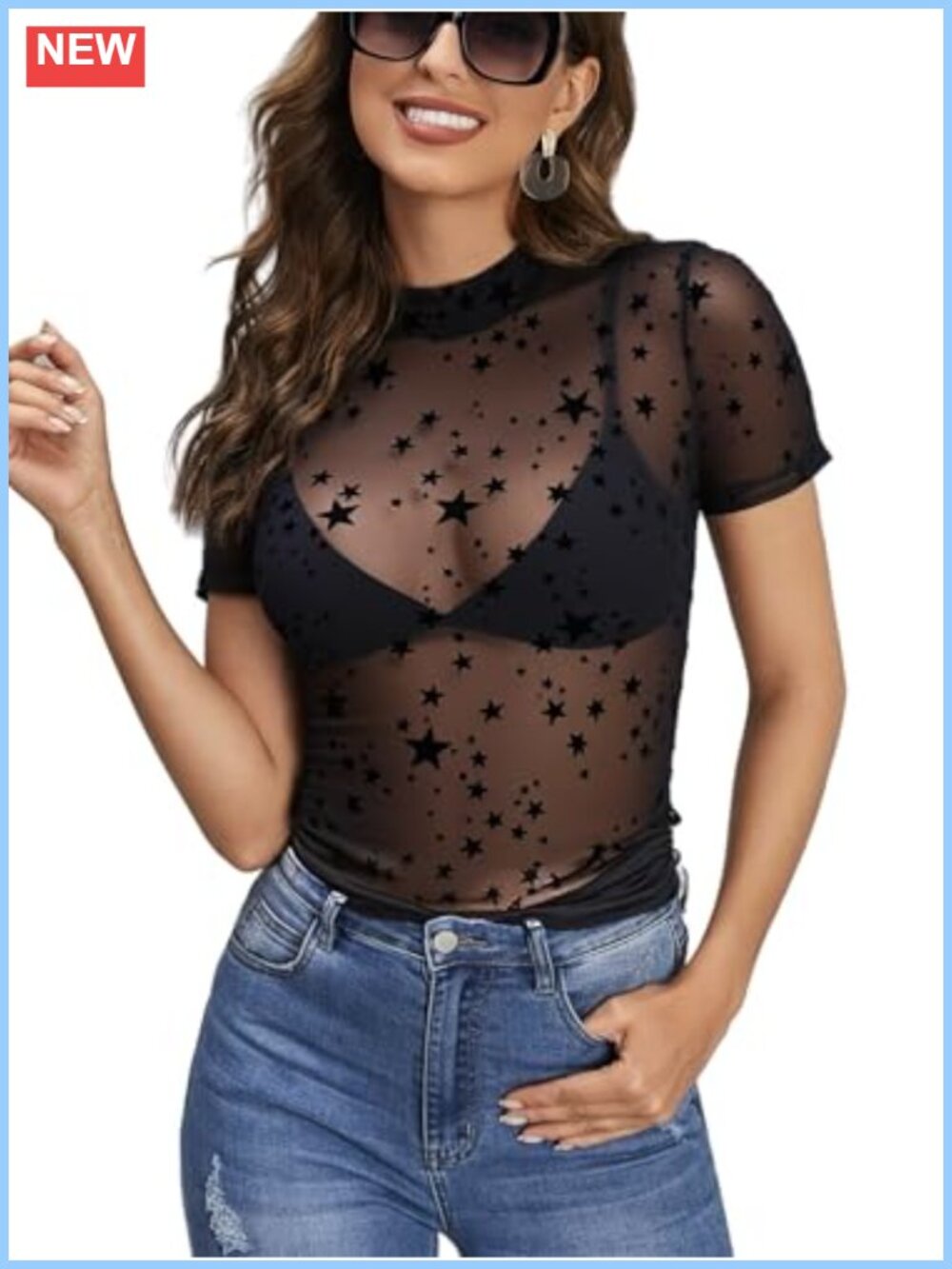 Mesh Top Short Sleeve Mock Neck Sheer Fitted T Shirt Blouse Rave
